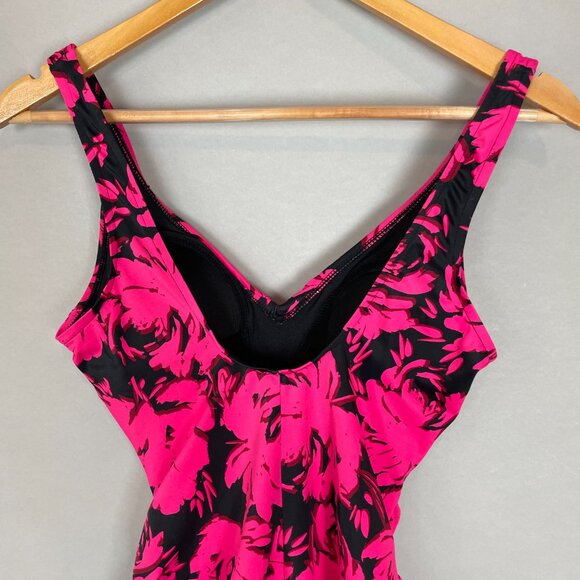Aqua Green Swimsuit Floral‎ Pink Black Size Small One Piece V-Neck Bathing Suit - Picture 5 of 11